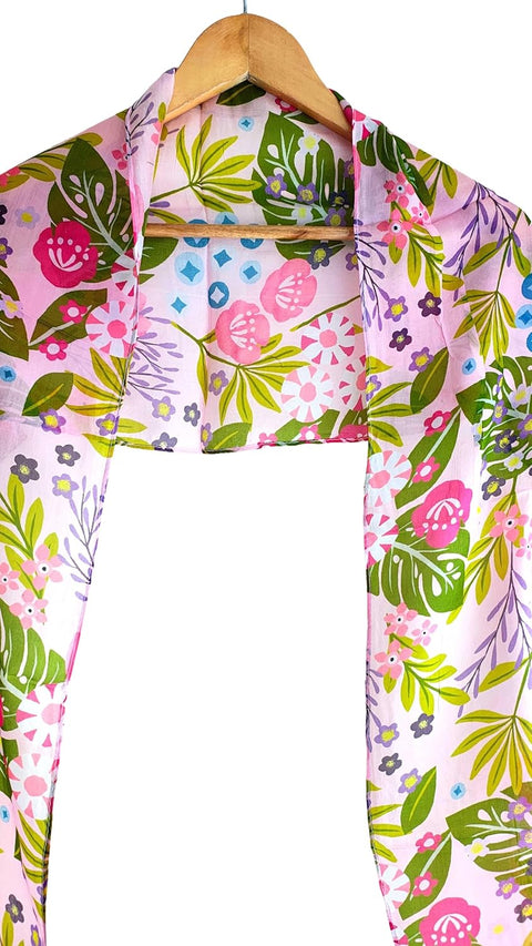 Silk Stole, Prints Multi Color, 51 cm Width x 65 cm Length, Lightweight(Pink And Green)