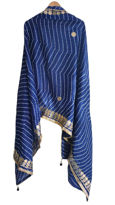 Bandhani Print Dupatta with Golden Floral Lace Border, Lightweight Ethnic Silk for Women