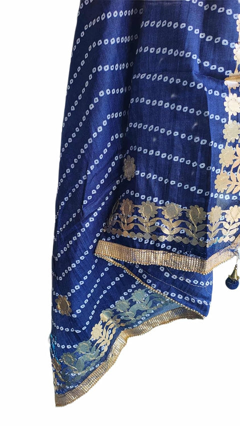 Bandhani Print Dupatta with Golden Floral Lace Border, Lightweight Ethnic Silk for Women