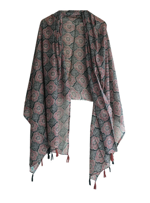 Traditional Ajrakh Print Cotton Stole, Black, Mandala Pattern with Tassels