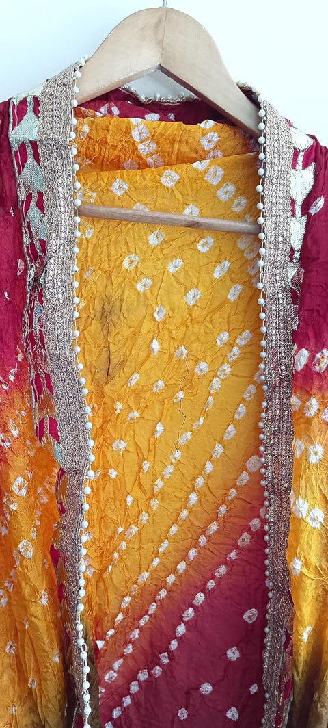 Women's Embellished Pink,Brown And Yellow colour Dupatta: A Touch of Silk & Shimmer Bandhani Work Size 190X98X3