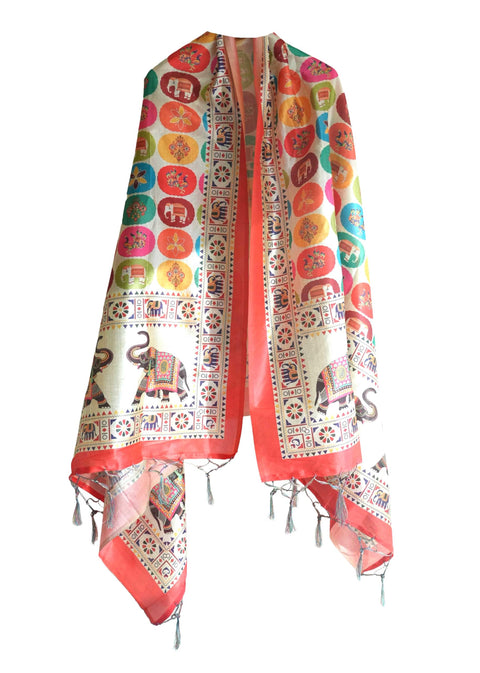 Assam Silk Traditional Dupatta with Multicolor Multi moti Motif | Ethnic Printed Cotton Dupatta with Tassels
