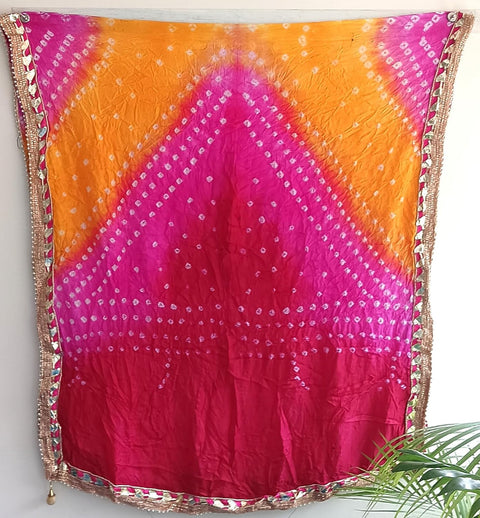 Women's Embellished Red, Pink And Yellow colour Dupatta: A Touch of Silk & Shimmer Bandhani Work Size 190X98X3