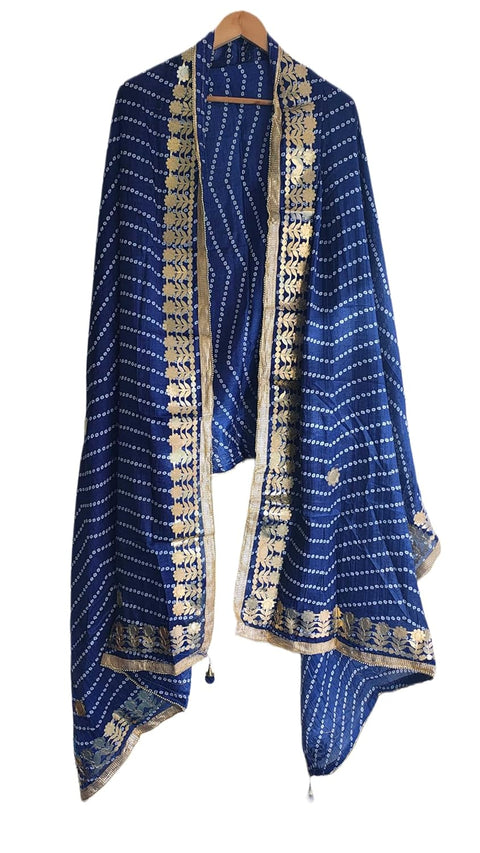 Bandhani Print Dupatta with Golden Floral Lace Border, Lightweight Ethnic Silk for Women