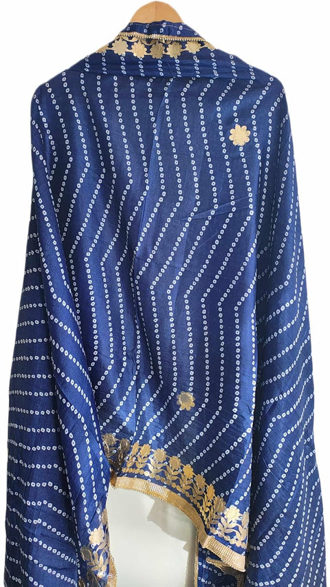 Bandhani Print Dupatta with Golden Floral Lace Border, Lightweight Ethnic Silk for Women