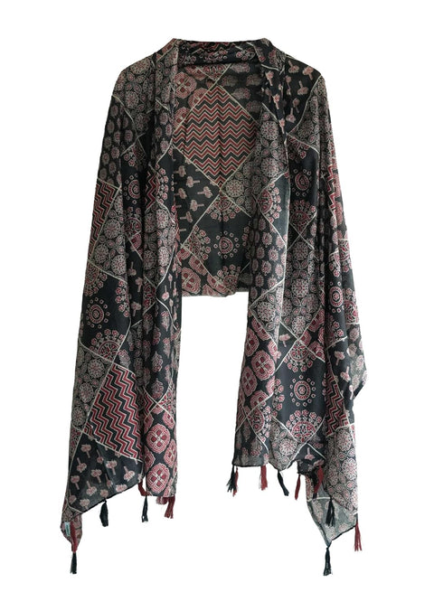 Traditional Ajrakh Print Cotton Stole, Black, Mandala Pattern with Tassels