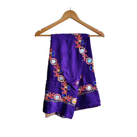 Handcrafted Purple Silk Dupatta with Gold Border, Floral Embroidered Mirror Work, Traditional Indian Scarf