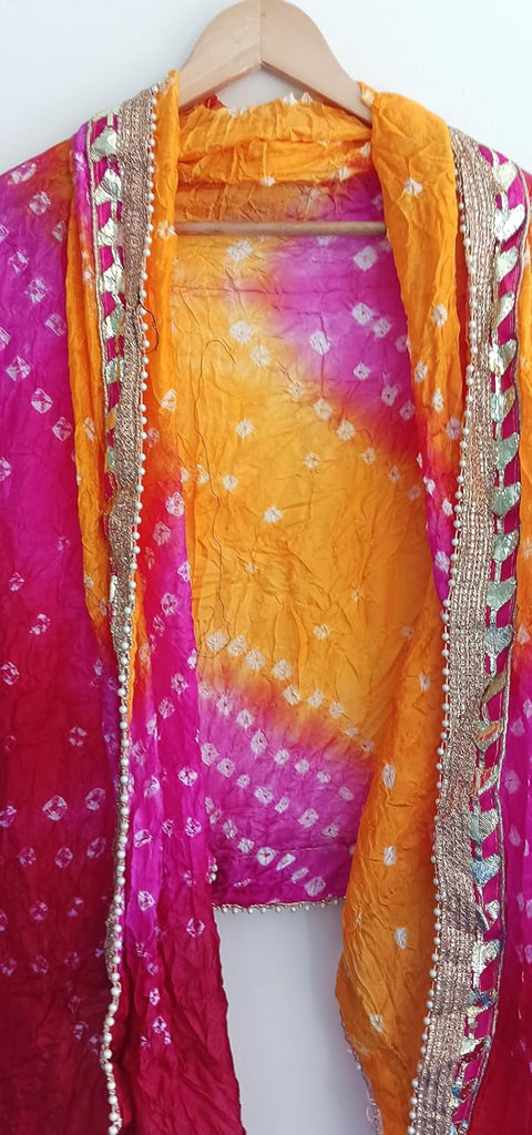 Women's Embellished Red, Pink And Yellow colour Dupatta: A Touch of Silk & Shimmer Bandhani Work Size 190X98X3