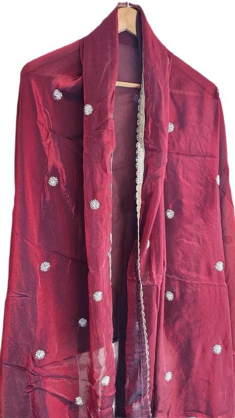 Fendi Fabric Dupatta with Bead Floral Work, Gota Lace Border