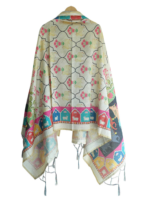 Assam Traditional Dupatta with Multicolor Multi moti Motif | Ethnic Printed Cotton Dupatta with Tassels