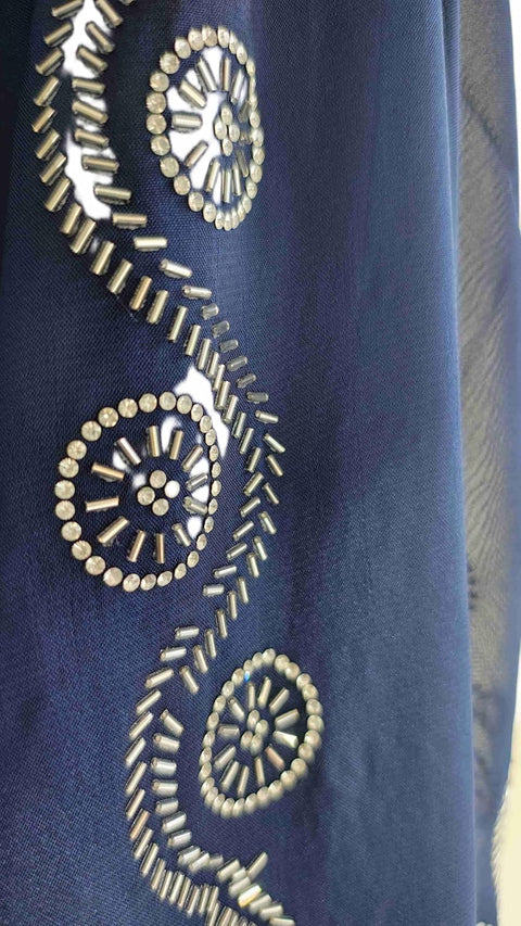 INDISA SCARVE'S FENDI Cut Beads Dupatta, Navy Blue, Embroidered Border, Lightweight Sheer Fabric, Traditional Indian Scarf