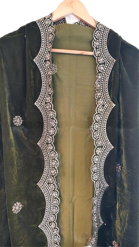 Luxury Micro-Velvet Embroidered Dupatta for Women | Heavy Scalloped Cutwork Border with Butti Work