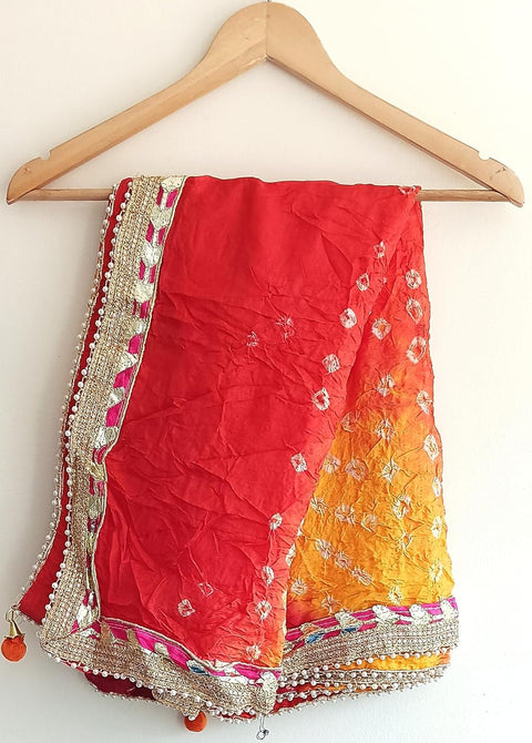 Women's Embellished Yellow And Red colour Dupatta: A Touch of Silk & Shimmer Bandhani Work Size 190X98X3