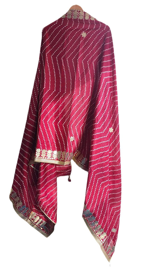 Bandhani Print Dupatta with Golden Floral Lace Border, Lightweight Ethnic Silk for Women