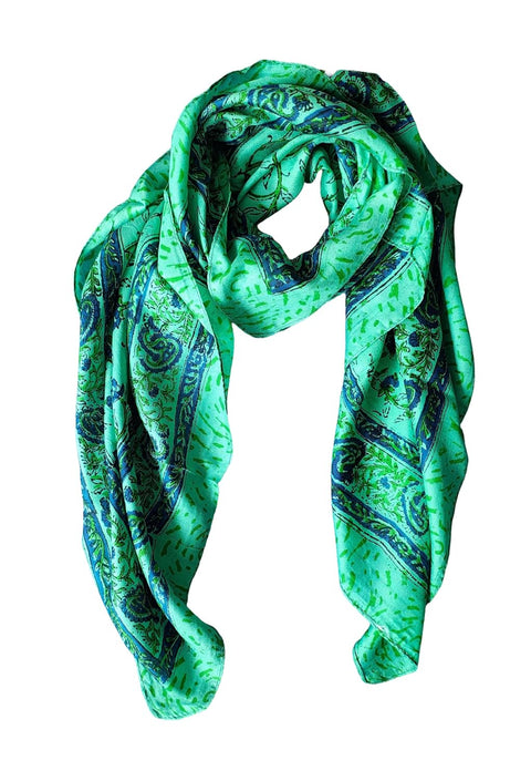 Floral Paisley Print Silk Scarf, Light Weight Square Neck Wrap, Blue and Orange Border Pattern, 100x100 cm