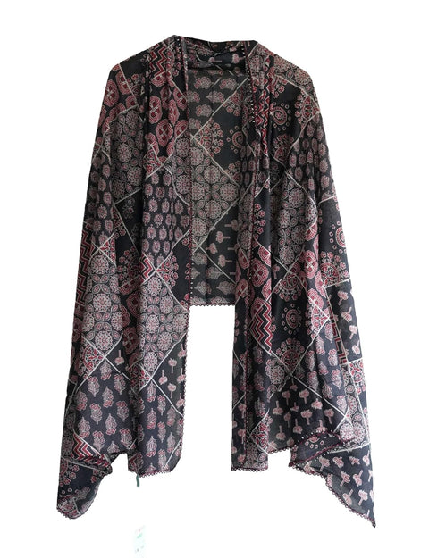 Traditional Ajrakh Print Cotton Stole, Colour 10, Mandala Pattern with Tassels