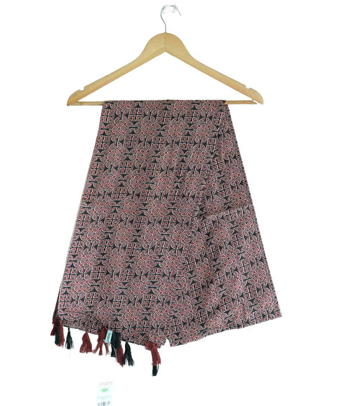 Traditional Ajrakh Print Cotton Stole, Black, Mandala Pattern with Tassels