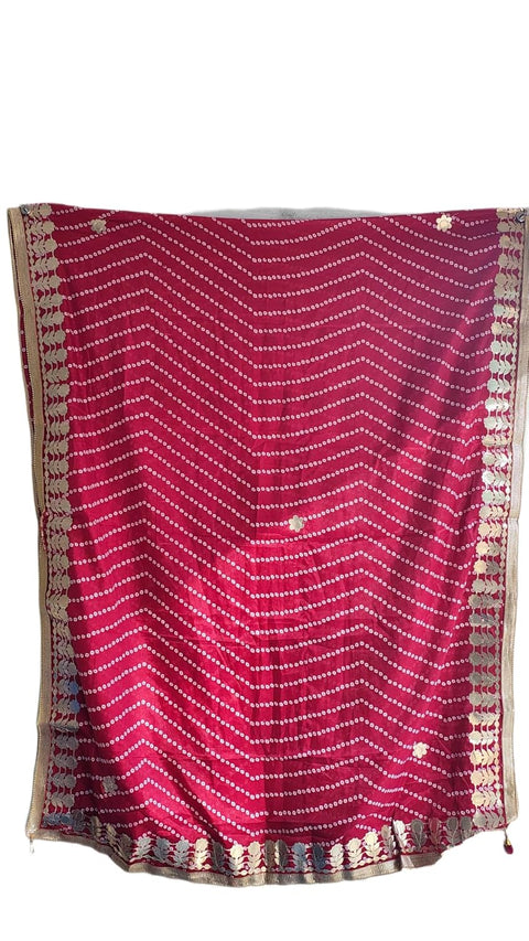 Bandhani Print Dupatta with Golden Floral Lace Border, Lightweight Ethnic Silk for Women
