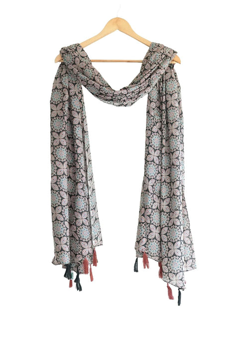 Traditional Ajrakh Print Cotton Stole, Black, Mandala Pattern with Tassels