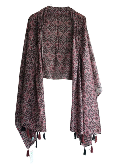 Traditional Ajrakh Print Cotton Stole, Black, Mandala Pattern with Tassels