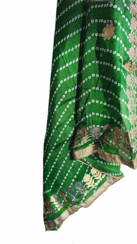 Bandhani Print Dupatta with Golden Floral Lace Border, Lightweight Ethnic Silk for Women