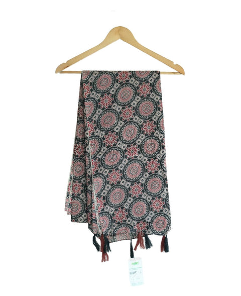 Traditional Ajrakh Print Cotton Stole, Black, Mandala Pattern with Tassels