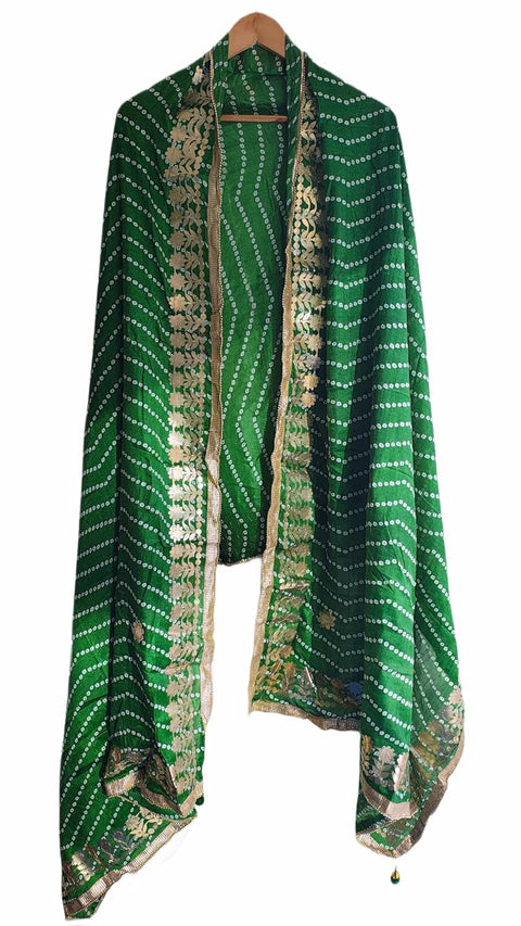 Bandhani Print Dupatta with Golden Floral Lace Border, Lightweight Ethnic Silk for Women
