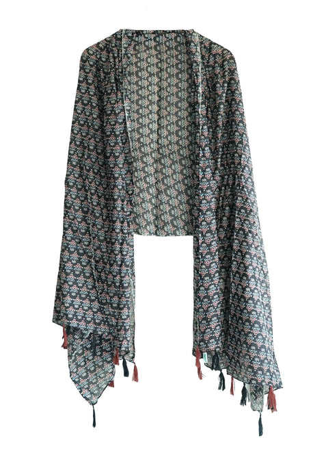 Traditional Ajrakh Print Cotton Stole, Black, Mandala Pattern with Tassels