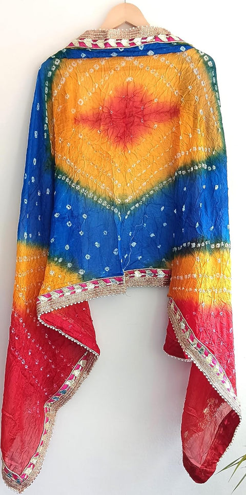 Women's Embellished Yellow, Blue and Yellow colour Dupatta: A Touch of Silk & Shimmer Bandhani Work Size 190X98X3