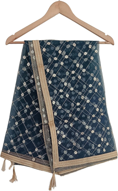 Traditional Embroidered Net Dupatta with Golden Border, Red Sequined Scarf, Diamond Pattern Dupatta, Chunni
