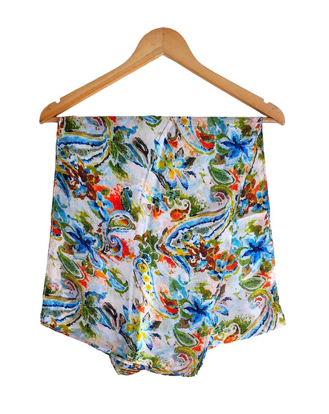 Silk Stole, Prints Multi Color, 51 cm Width x 65 cm Length, Lightweight(Blue Green And White)