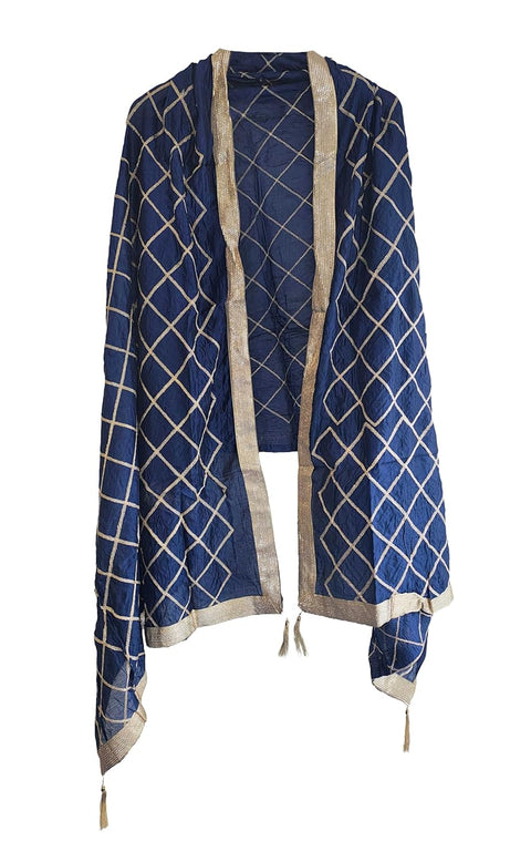 Indis Scarves Silk Embroidery Dupatta with Gold Grid Pattern, Traditional Ethnic Shawl Wrap with Tassel Detail