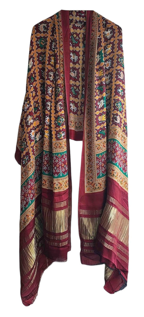 Printed Modal Silk Patola Print Dupatta, Traditional Indian Scarf with Geometric Motifs, Digital Print Design