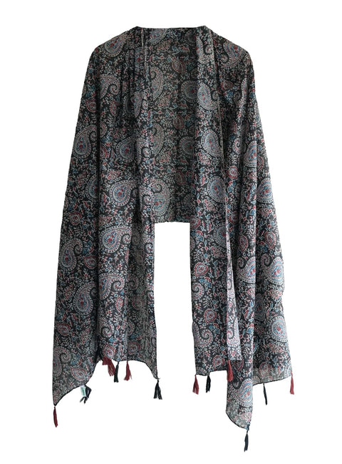 Traditional Ajrakh Print Cotton Stole, Black, Mandala Pattern with Tassels