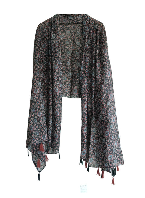 Traditional Ajrakh Print Cotton Stole, Black, Mandala Pattern with Tassels
