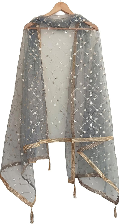 Traditional Embroidered Net Dupatta with Golden Border, Red Sequined Scarf, Diamond Pattern Dupatta, Chunni