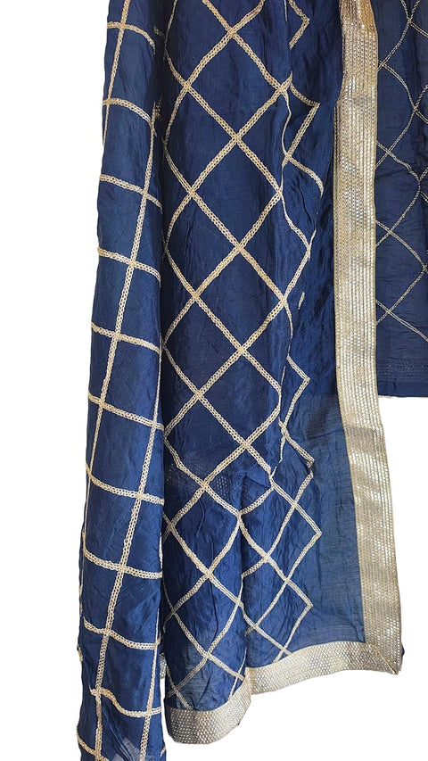 Indis Scarves Silk Embroidery Dupatta with Gold Grid Pattern, Traditional Ethnic Shawl Wrap with Tassel Detail