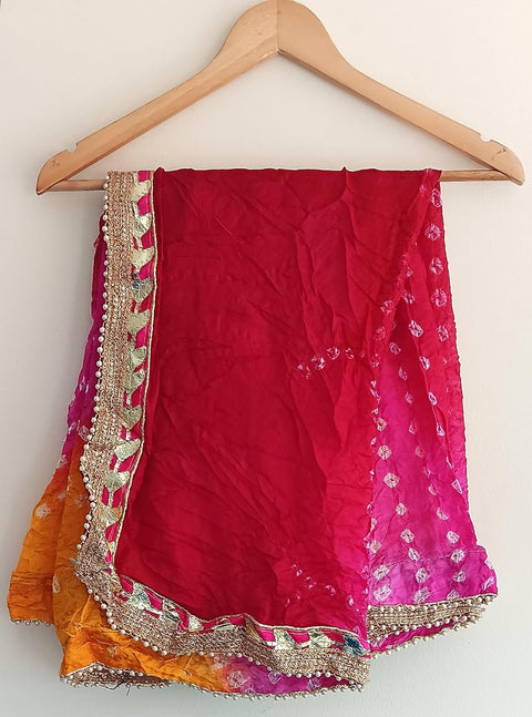 Women's Embellished Red, Pink And Yellow colour Dupatta: A Touch of Silk & Shimmer Bandhani Work Size 190X98X3