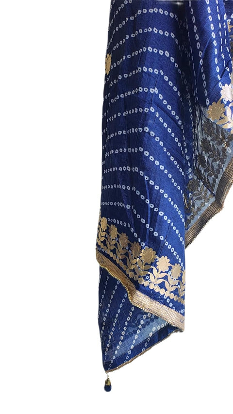 Bandhani Print Dupatta with Golden Floral Lace Border, Lightweight Ethnic Silk for Women