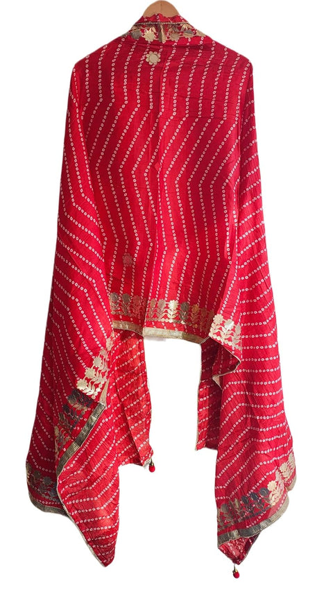 Bandhani Print Dupatta with Golden Floral Lace Border, Lightweight Ethnic Silk for Women