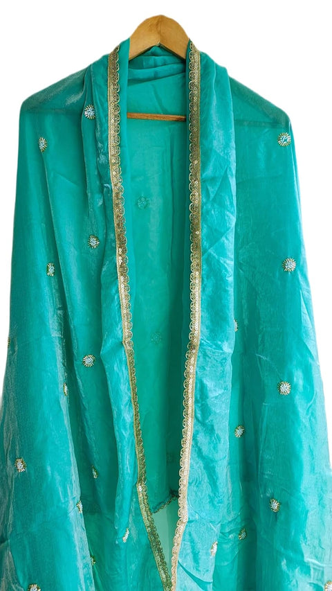 Fendi Fabric Dupatta with Bead Floral Work, Gota Lace Border