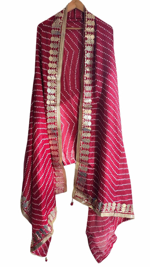 Bandhani Print Dupatta with Golden Floral Lace Border, Lightweight Ethnic Silk for Women