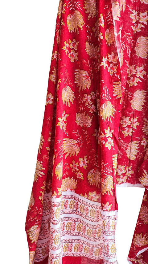 Hand Block Printed Bagru Dupatta in Pure Cotton Malmal(Red And Yellow Color)