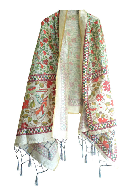 Assam Traditional Dupatta with Multicolor Multi moti Motif | Ethnic Printed Cotton Dupatta with Tassels