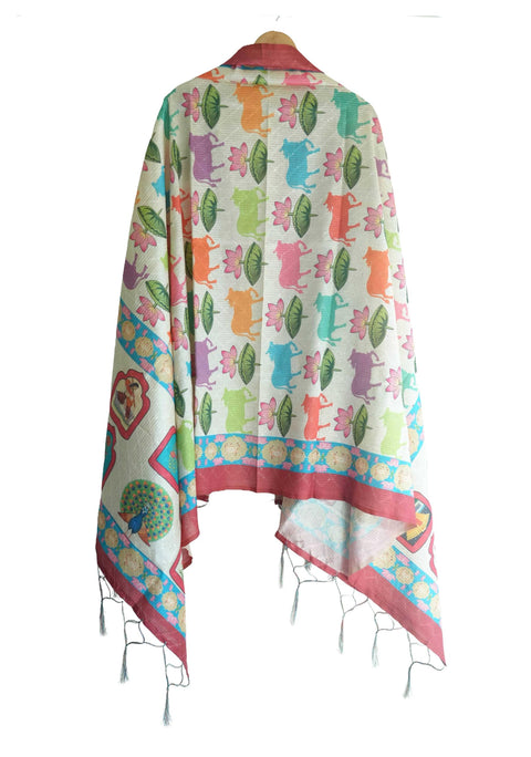 Assam Traditional Dupatta with Multicolor Multi moti Motif | Ethnic Printed Cotton Dupatta with Tassels