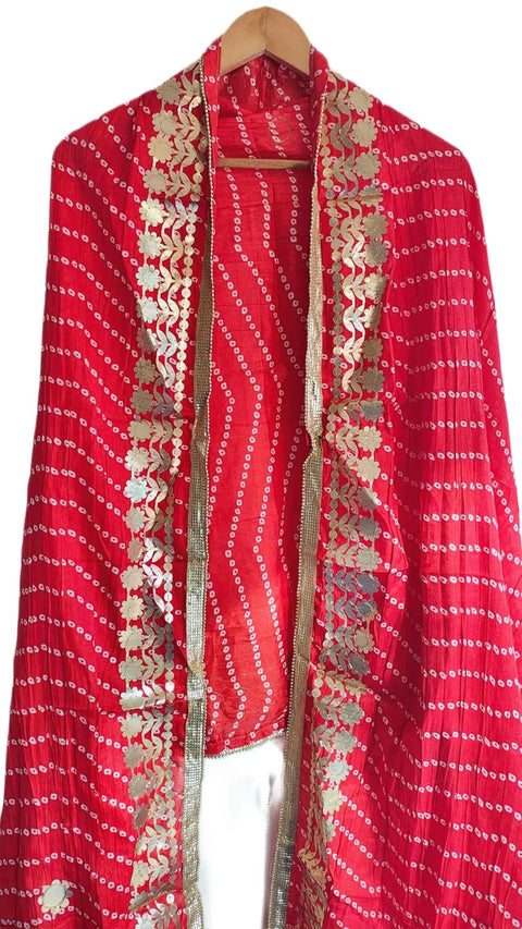 Bandhani Print Dupatta with Golden Floral Lace Border, Lightweight Ethnic Silk for Women