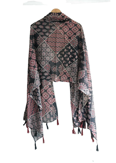 Traditional Ajrakh Print Cotton Stole, Black, Mandala Pattern with Tassels