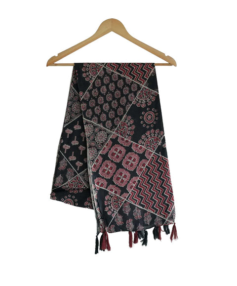 Traditional Ajrakh Print Cotton Stole, Black, Mandala Pattern with Tassels