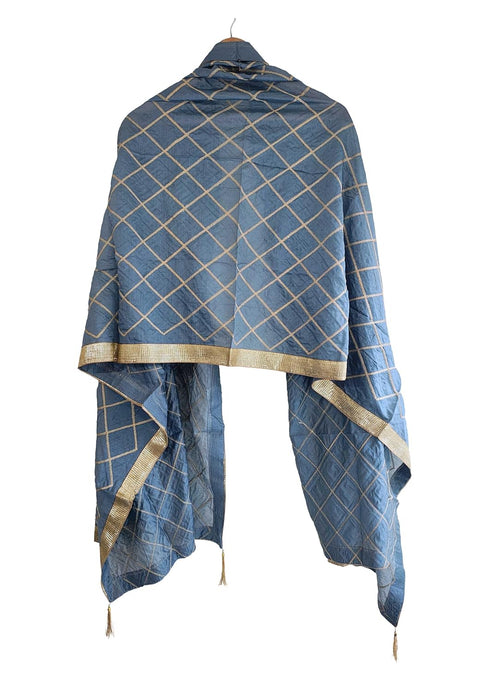Indis Scarves Silk Embroidery Dupatta with Gold Grid Pattern, Traditional Ethnic Shawl Wrap with Tassel Detail