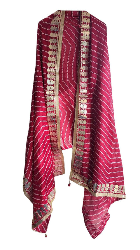 Bandhani Print Dupatta with Golden Floral Lace Border, Lightweight Ethnic Silk for Women